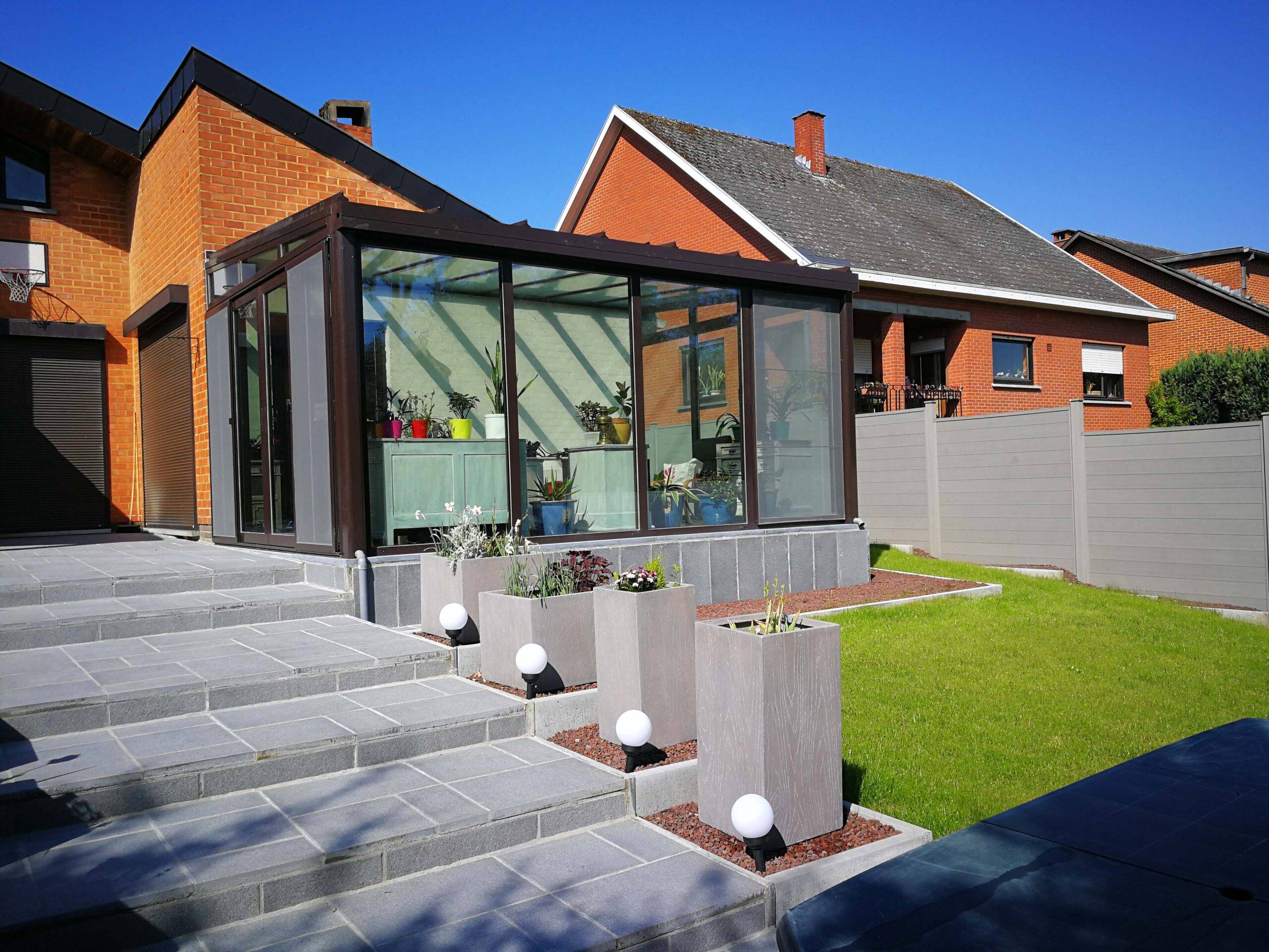 veranda sur une terrasse Alunion veranda terrasse aluminium sur mesure Hainaut Belgique Wallonie La Louviere